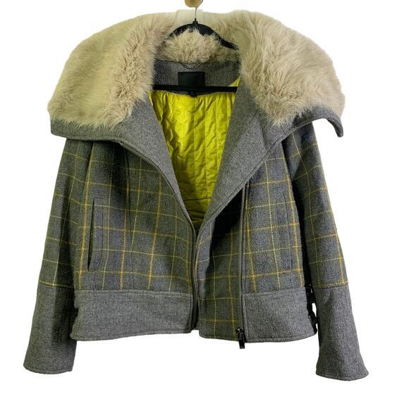 BANANA REPUBLIC Coat Jacket Moto Plaid Faux Fur‎ Collar Tweed Zip Cuffs - Picture 3 of 15